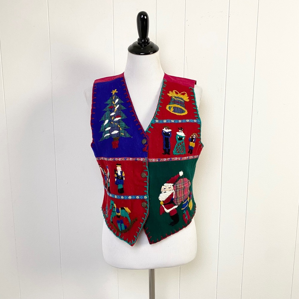 Erika Classics Vintage‎ Christmas Vest Womens Large Wool Blend Santa Embroidered